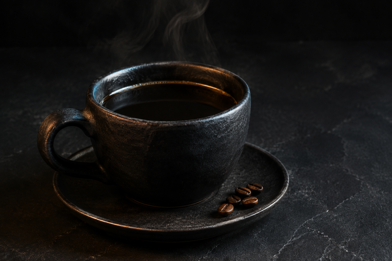 Composição de uma xícara de café preto com vapor, iluminada em tons de cobre