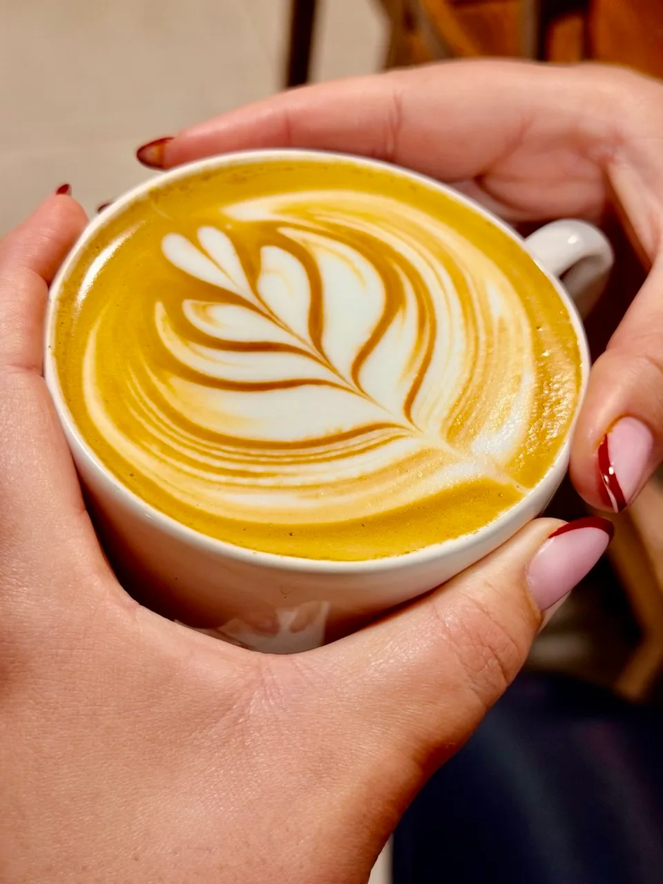 Duas mãos envolvendo uma xícara branca com latte art em formato de folhas.