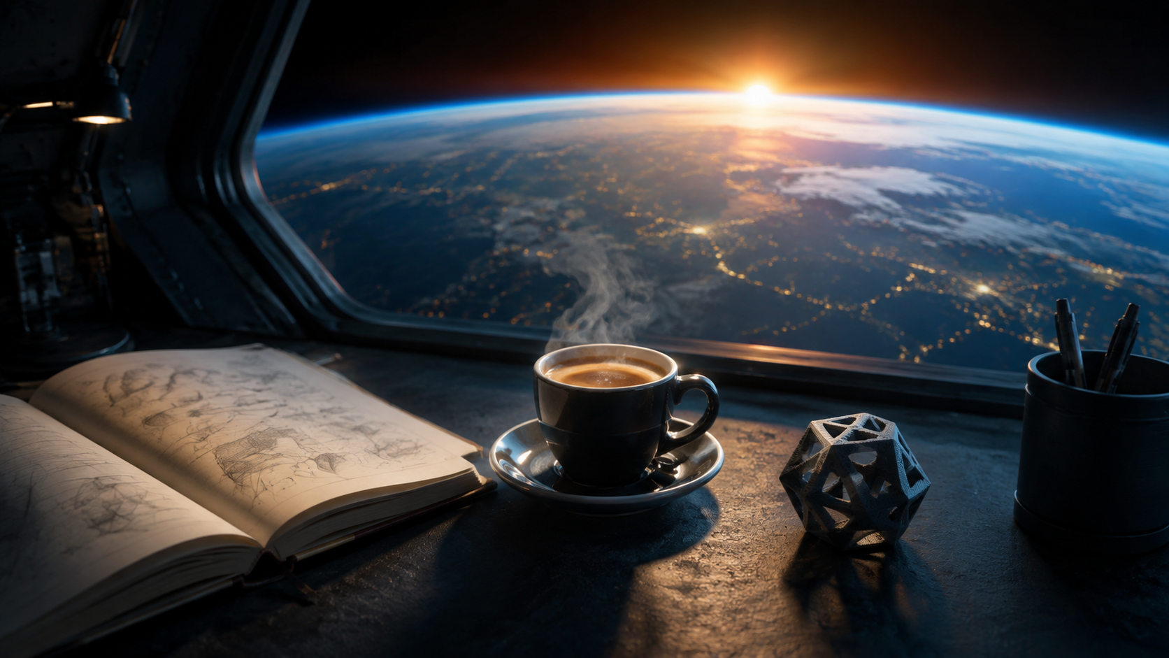 Café e caderno de ideias em um observatório, diante do horizonte da Terra ao nascer do sol.