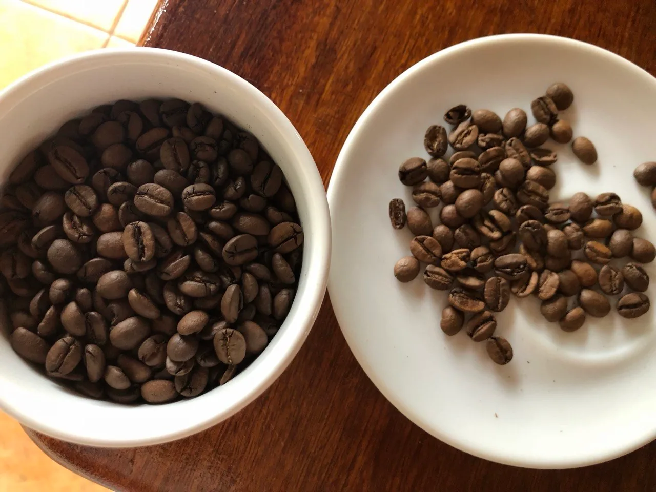 Grãos de café torrado em uma xícara branca e espalhados sobre um pires.