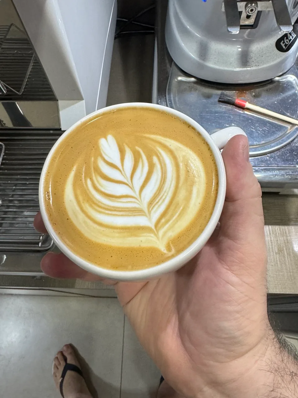 Xícara branca com latte art de folhas segurada em frente à máquina de espresso e ao moinho.