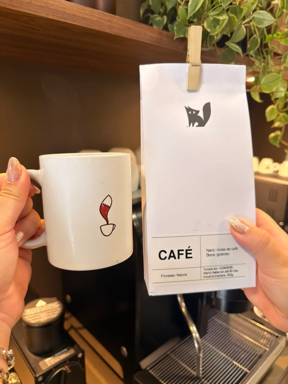 Mãos segurando uma caneca branca com desenho de raposa e um pacote branco de café diante da bancada.